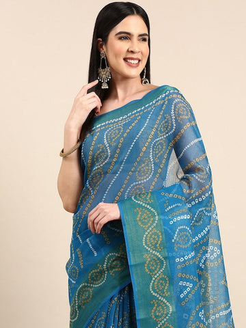 Zarina Bandhej Cotton Teal Saree By Ivaara | Best Option For Gifting.