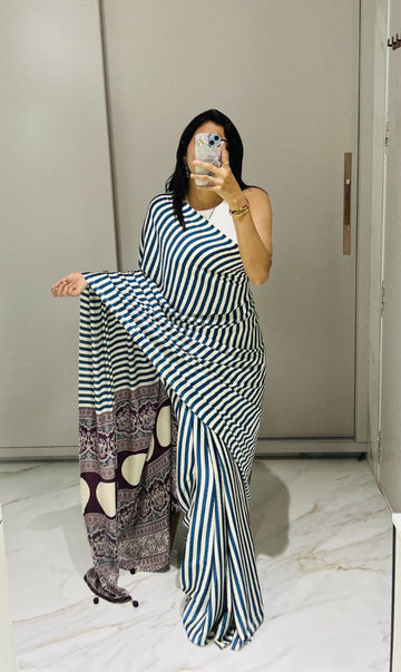 Satin Crepe Blue Printed Saree | Ivaara