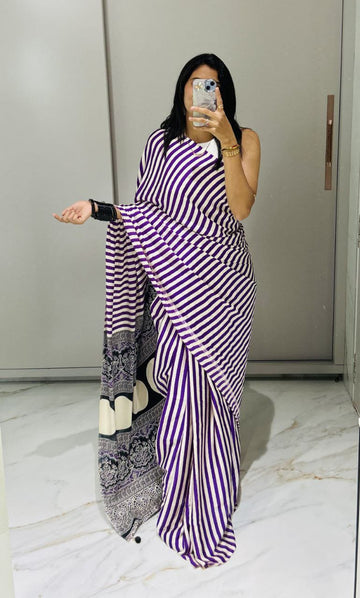 Satin Crepe Purple Printed Saree | Ivaara