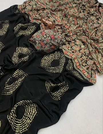Satin Crepe Black Printed Designer Saree (SCA8) | Ivaara