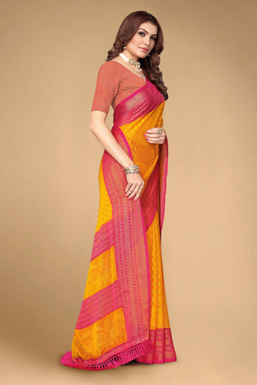 Chiffon Cotton Blend Brasso Yellow Printed Saree with Blouse | Ivaara.
