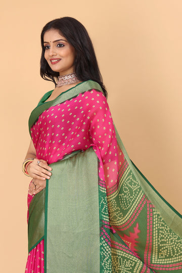 Bandhani Printed Moss Chiffon Pink Saree with Gold Jari Border | Ivaara.