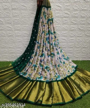 Floral Printed Moss Chiffon Bottle Green Saree with Gold Jari Border | Ivaara.