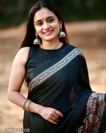 Premium Satin Crepe Black Saree | Ivaara