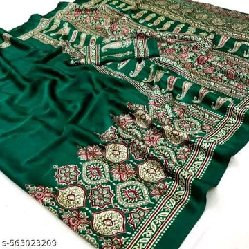 Premium Satin Crepe Bottle Green Saree | Ivaara