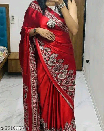 Premium Satin Crepe Red Saree | Ivaara