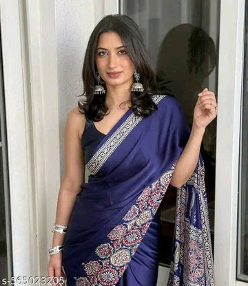 Premium Satin Crepe Royal Blue Saree | Ivaara
