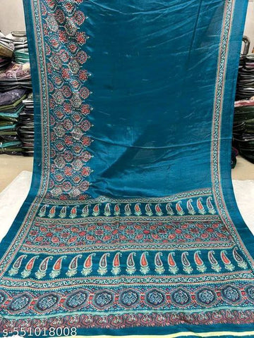Premium Satin Crepe Teal Blue Saree | Ivaara