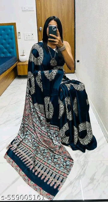 Satin Crepe Dark Teal Blue Printed Saree (SCA2) | Ivaara