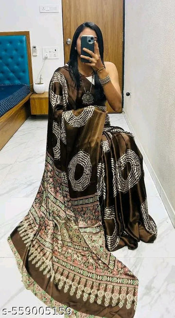 Satin Crepe Coffee Printed Saree (SCA3) | Ivaara