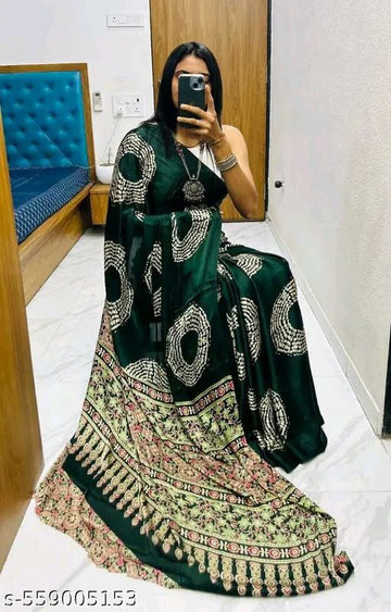Satin Crepe Dark Green Printed Saree (SCA4) | Ivaara