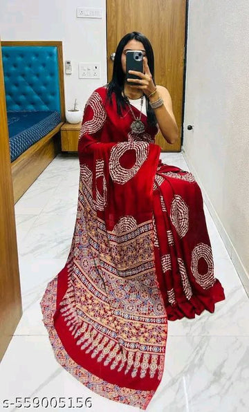 Satin Crepe Dark Red Printed Saree (SCA5) | Ivaara