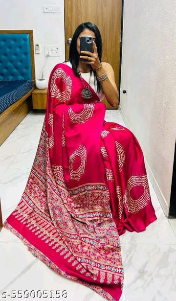 Satin Crepe Hot Pink Printed Saree (SCA6) | Ivaara