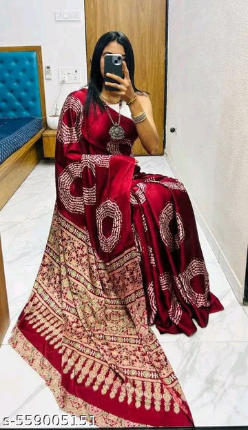 Satin Crepe Maroon Printed Saree (SCA7) | Ivaara