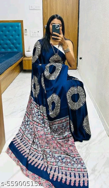 Satin Crepe Navy Blue Printed Saree (SCA1) | Ivaara