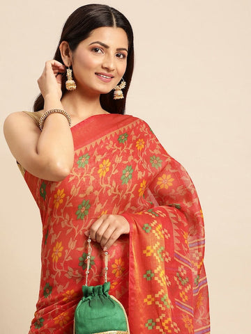 Zarina Brasso Red Cotton Saree | Ivaara's Gifting Collection.