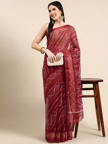 Zarina Bandhej Cotton Wine Saree By Ivaara | Best Option For Gifting.