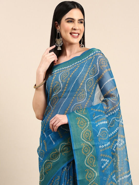 Zarina Bandhej Cotton Teal Saree By Ivaara | Best Option For Gifting.