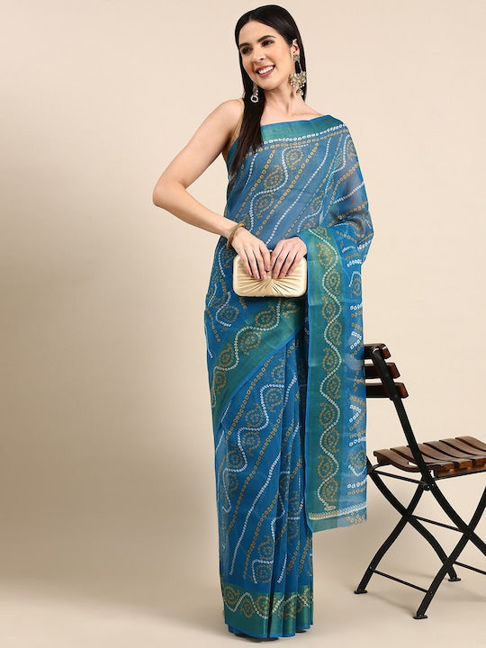 Zarina Bandhej Cotton Teal Saree By Ivaara | Best Option For Gifting.