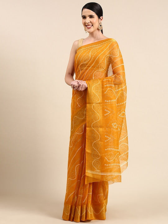 Zarina Bandhej Cotton Yellow Saree By Ivaara | Best Option For Gifting.