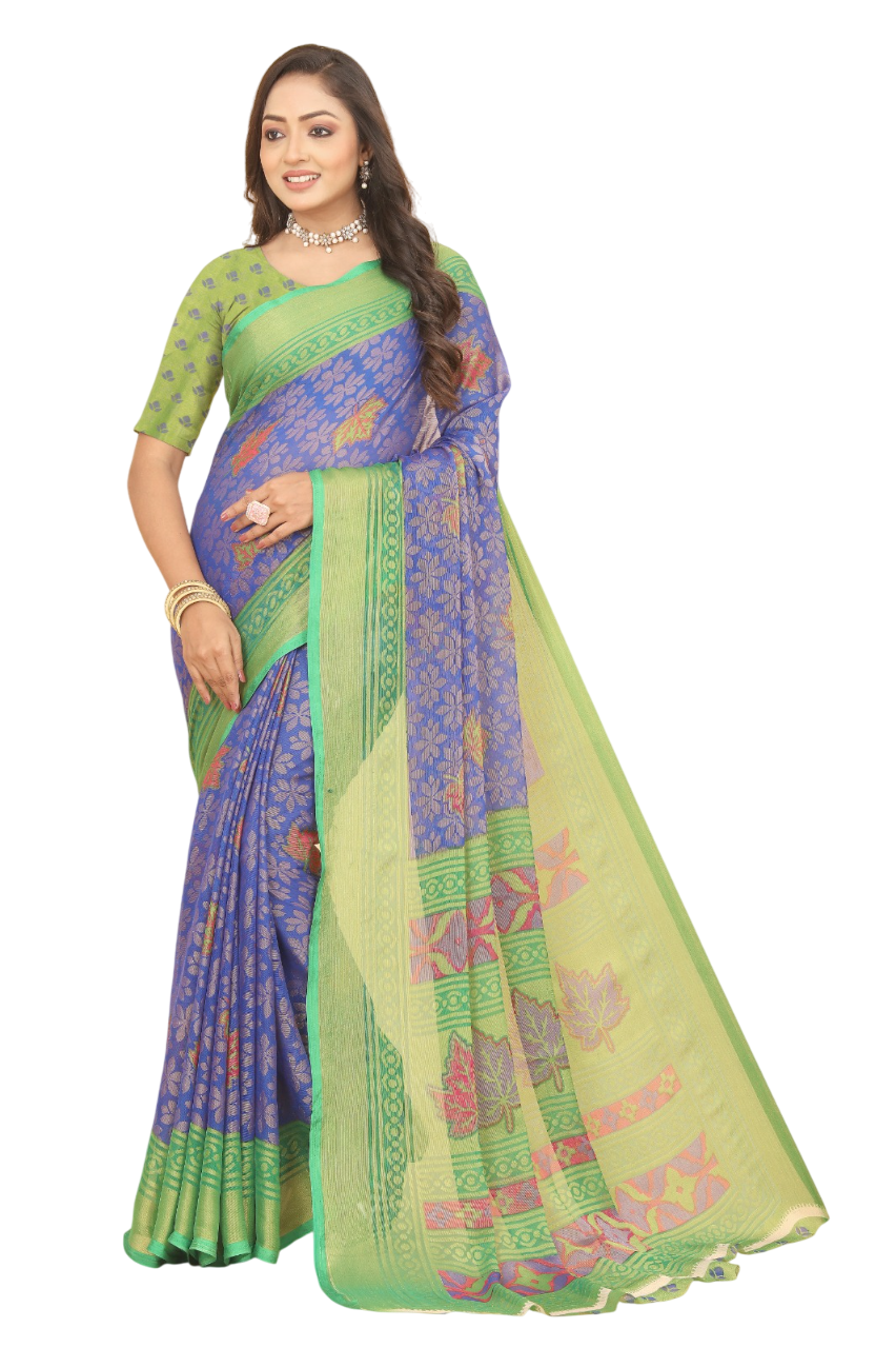 Chiffon Brasso Green Printed Saree with Blouse – Lightweight & Festive | Ivaara