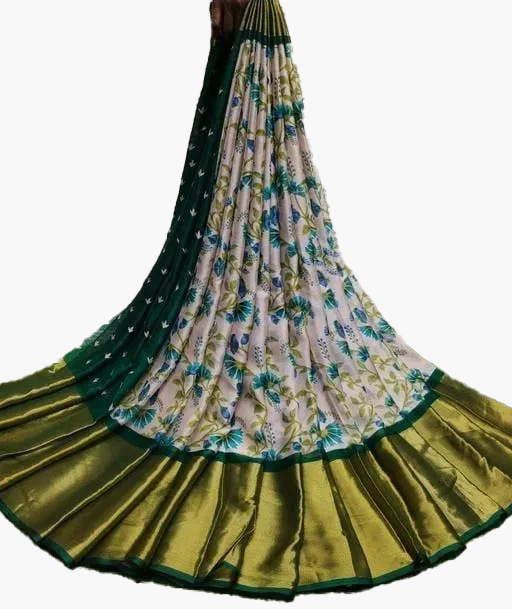 Floral Printed Moss Chiffon Bottle Green Saree with Gold Jari Border | Ivaara.