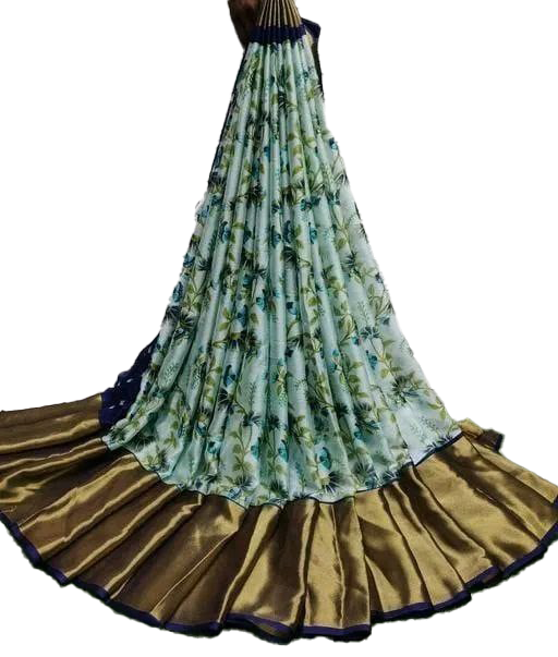 Floral Printed Moss Chiffon Navy Blue Saree with Gold Jari Border | Ivaara.