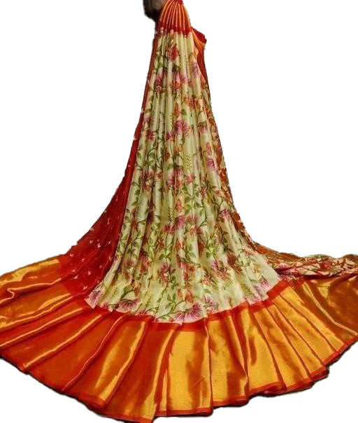 Floral Printed Moss Chiffon Orange Saree with Gold Jari Border | Ivaara.