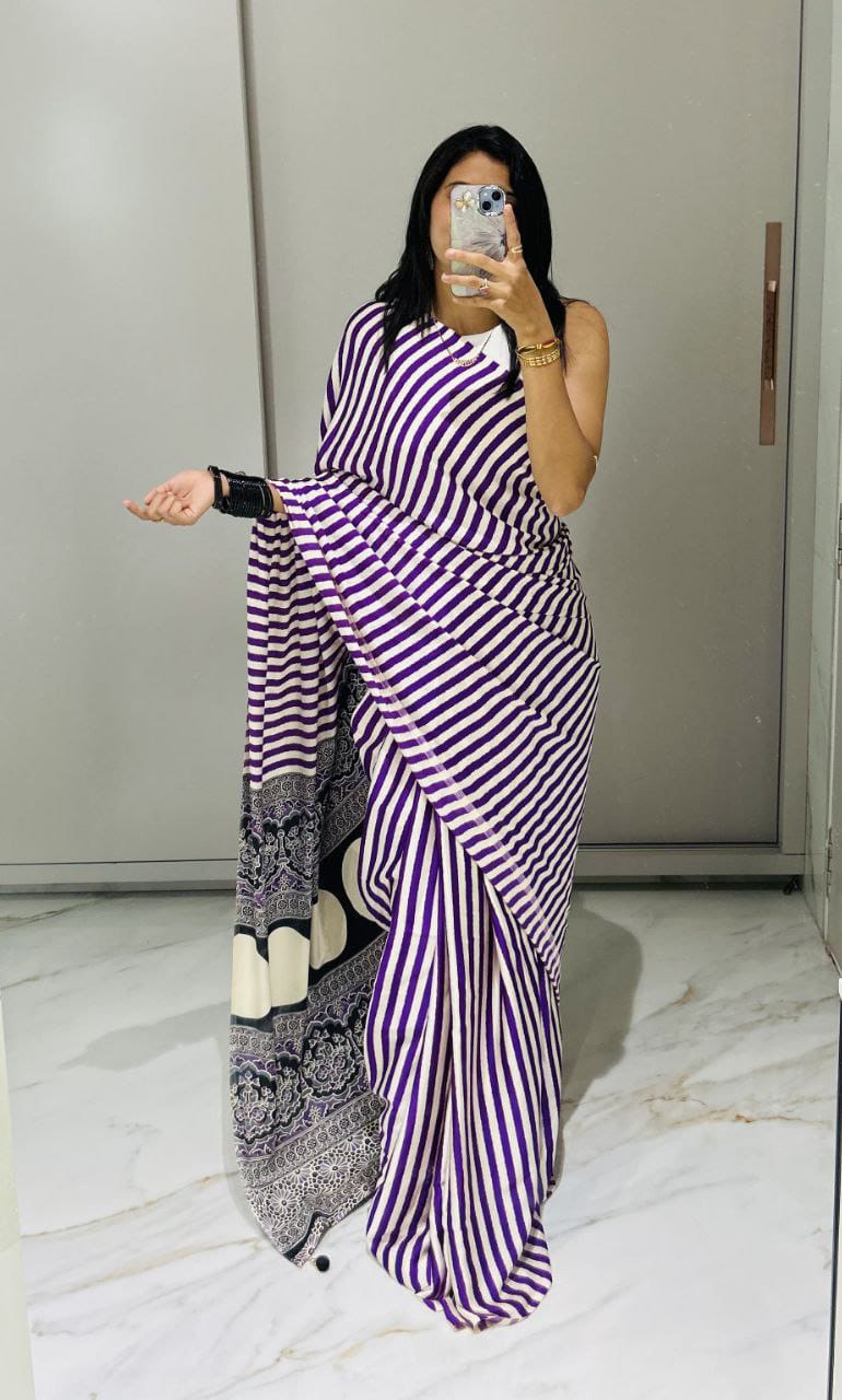 Satin Crepe Purple Printed Saree | Ivaara