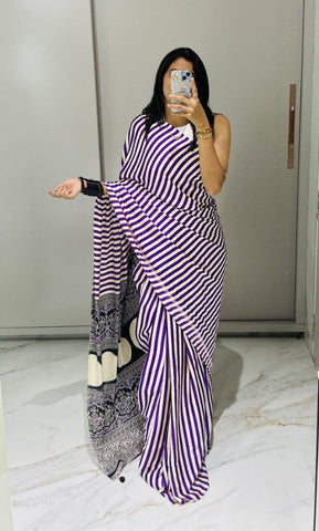 Satin Crepe Purple Printed Saree | Ivaara