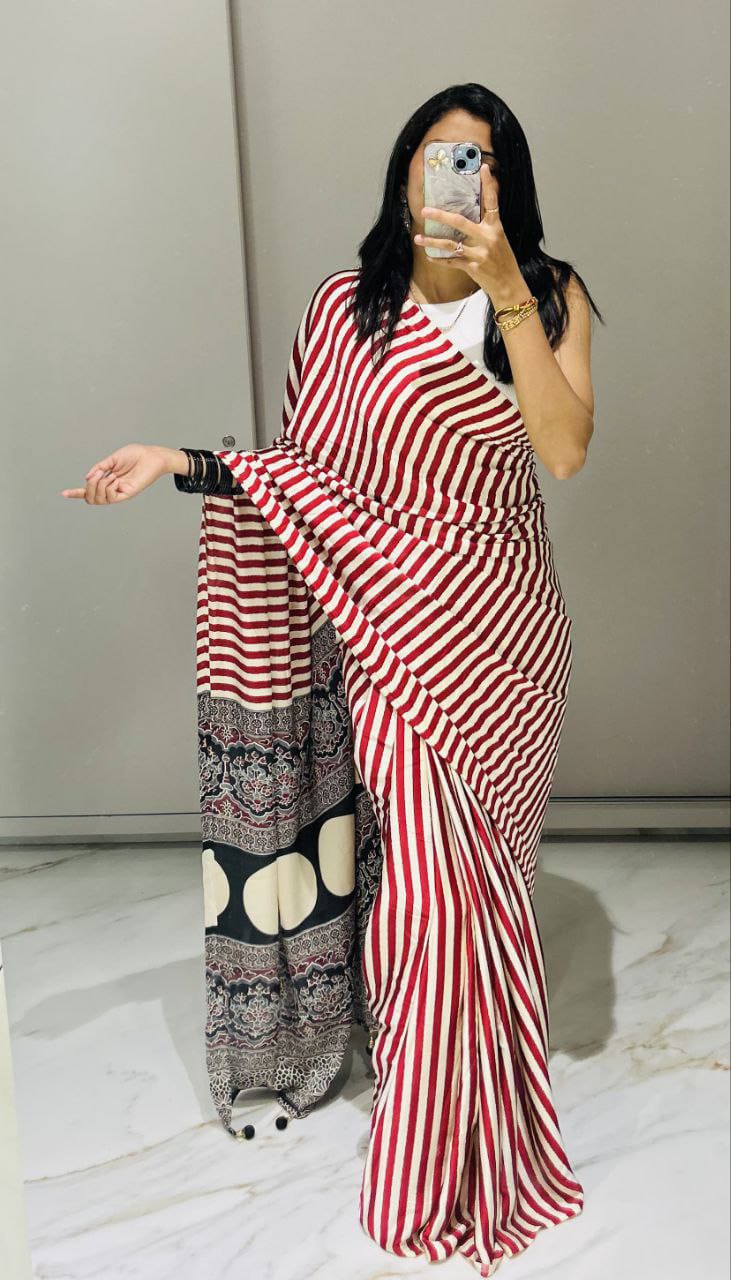 Satin Crepe Red Printed Saree | Ivaara