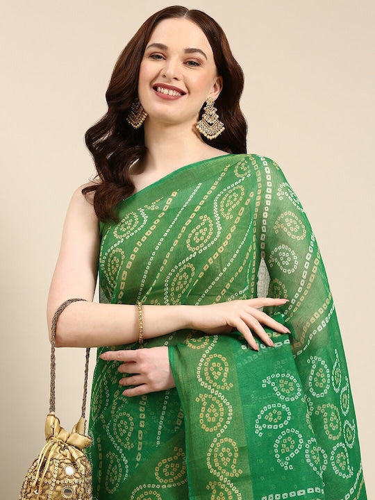 Zarina Bandhej Cotton Green Saree By Ivaara | Best Option For Gifting.