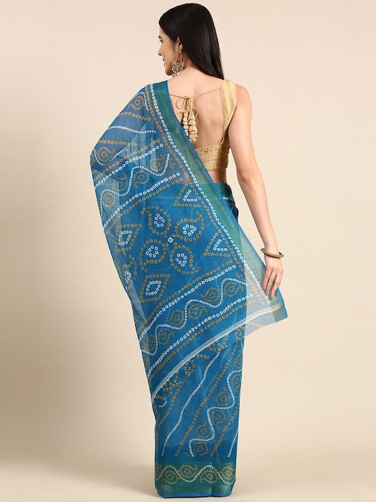 Zarina Bandhej Cotton Teal Saree By Ivaara | Best Option For Gifting.