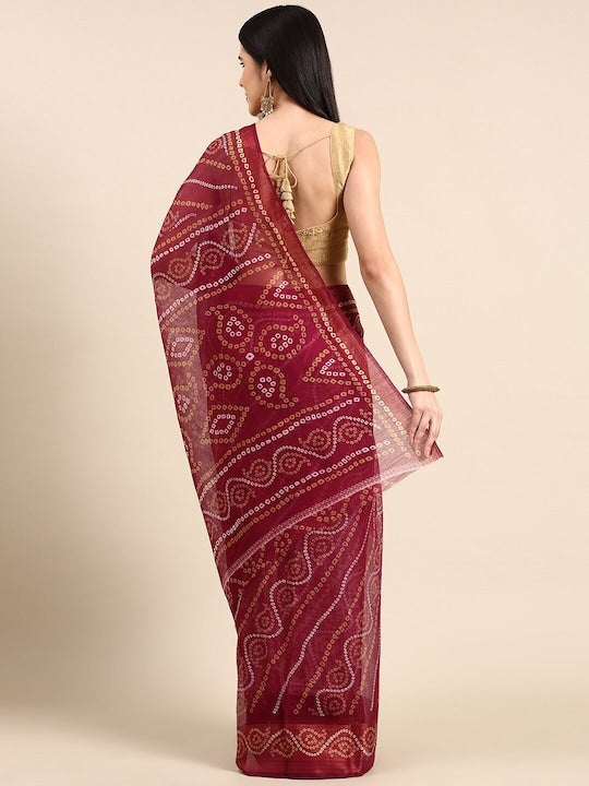 Zarina Bandhej Cotton Wine Saree By Ivaara | Best Option For Gifting.