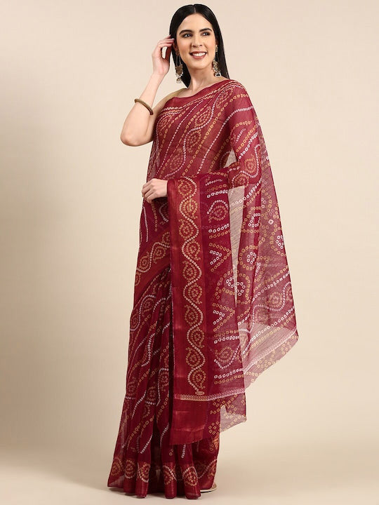 Zarina Bandhej Cotton Wine Saree By Ivaara | Best Option For Gifting.