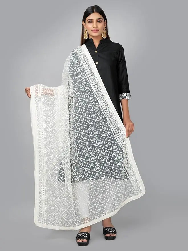 Premium Lucknowi Net Dupatta – Dyeable, Full-Length Ethnic Wrap for Women - IVAARA