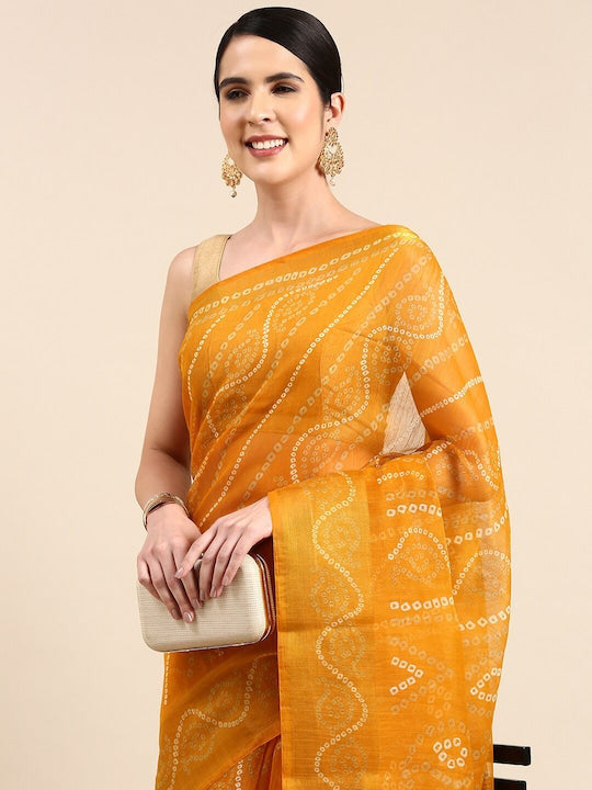 Zarina Bandhej Cotton Yellow Saree By Ivaara | Best Option For Gifting.