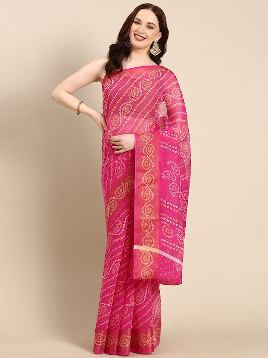 Zarina Bandhej Cotton Pink Saree By Ivaara | Best Option For Gifting.