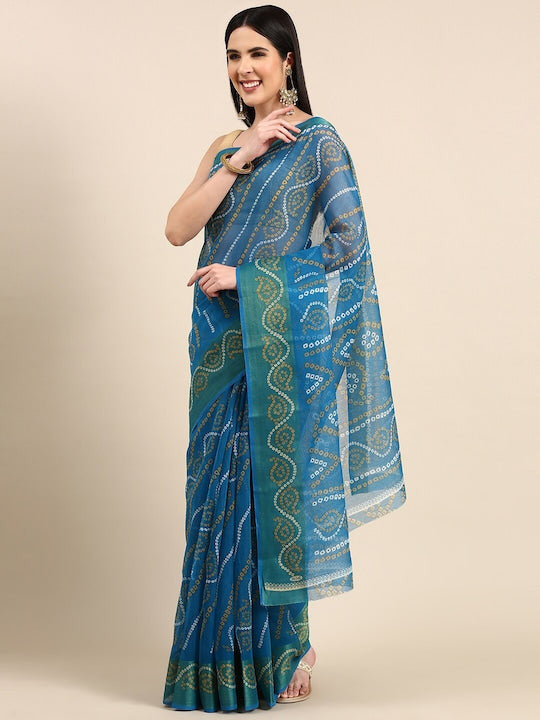 Zarina Bandhej Cotton Teal Saree By Ivaara | Best Option For Gifting.
