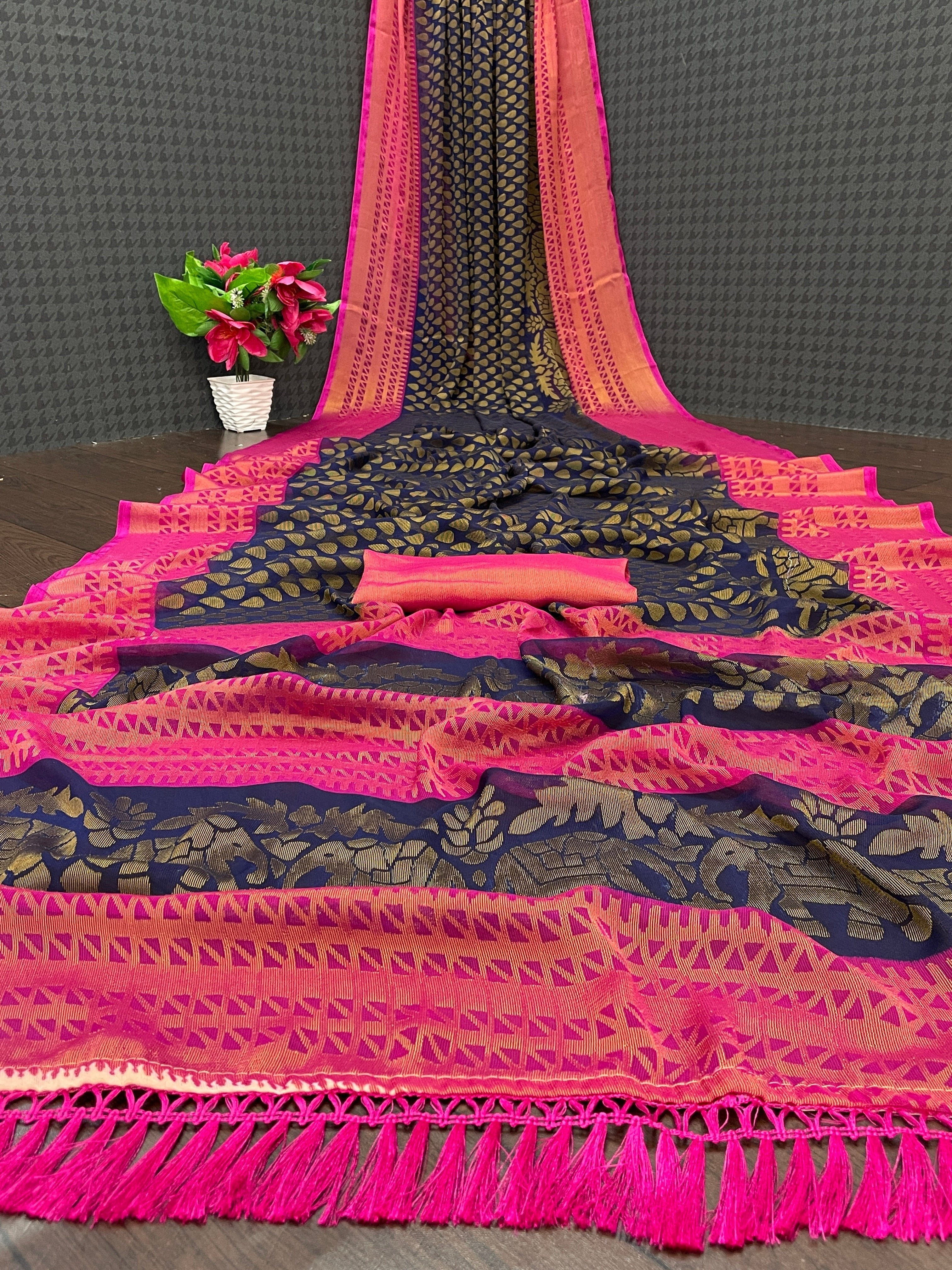 Chiffon Brasso Navy Blue Printed Saree with Blouse | Ivaara.