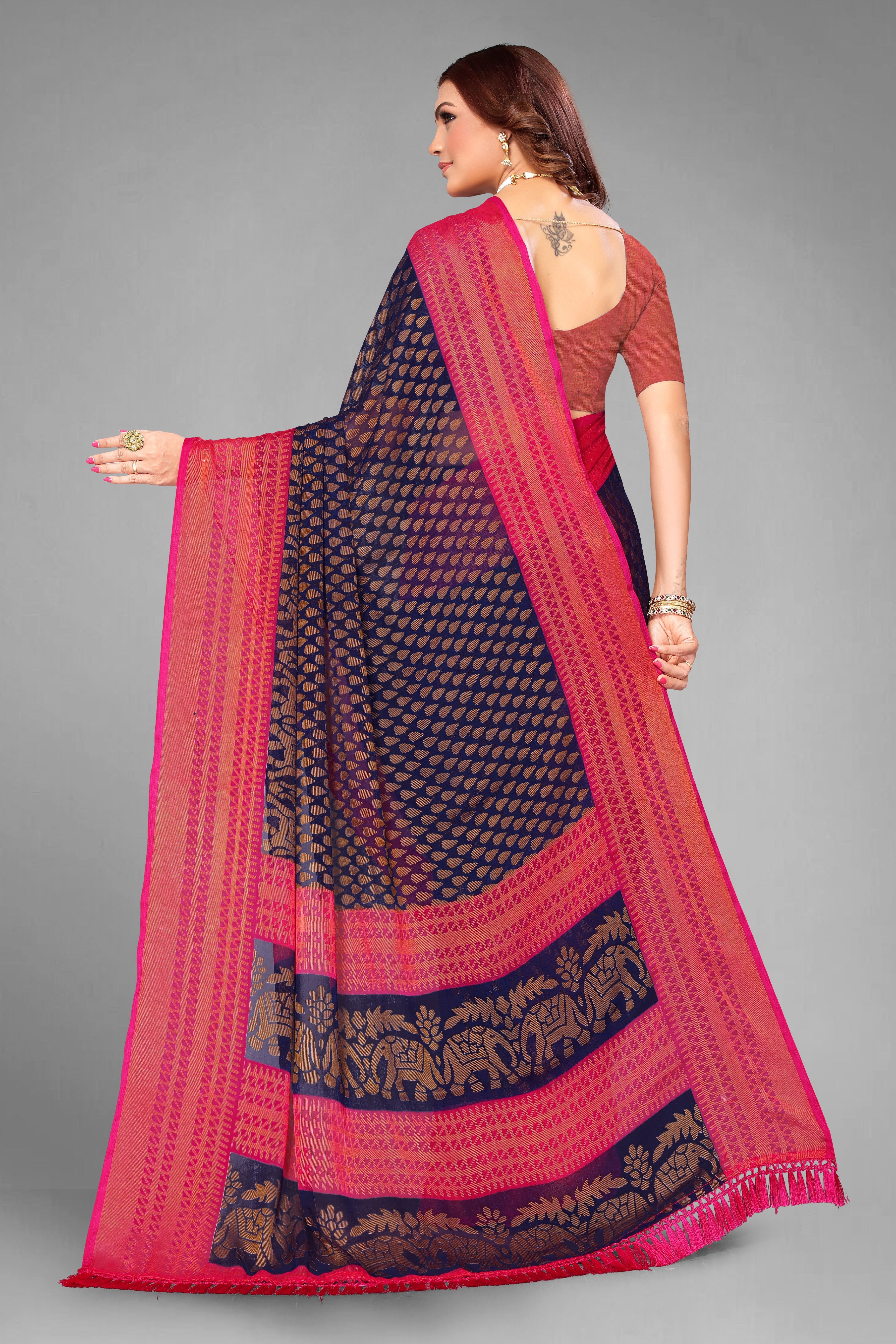 Chiffon Brasso Navy Blue Printed Saree with Blouse | Ivaara.