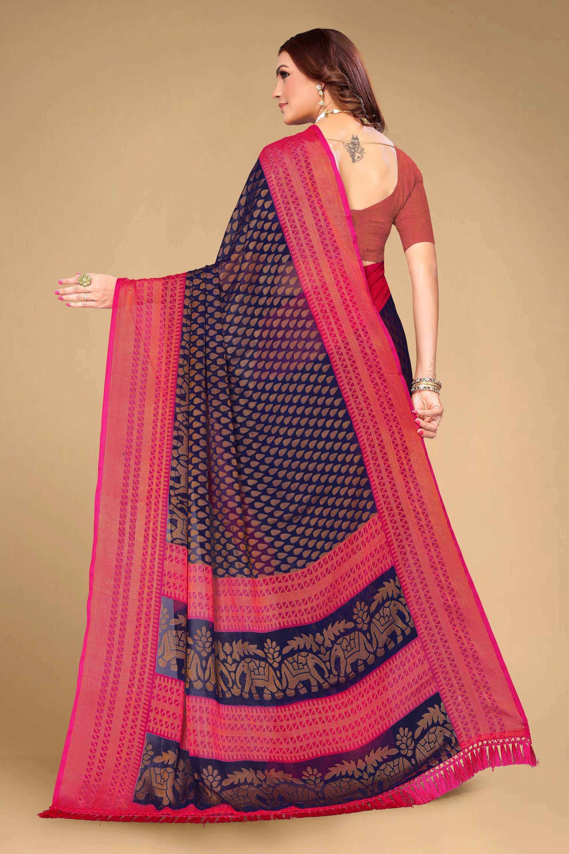 Chiffon Brasso Navy Blue Printed Saree with Blouse | Ivaara.