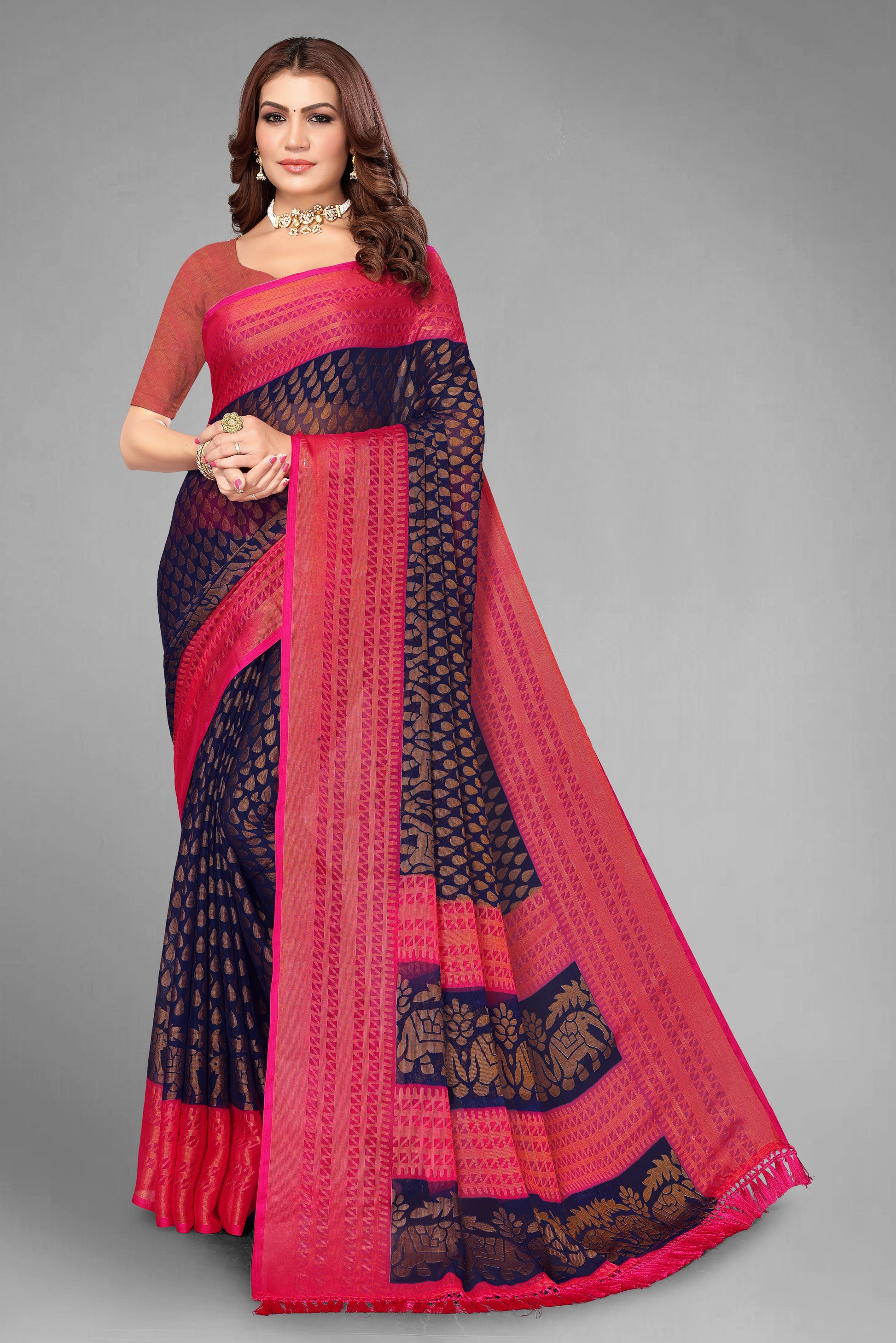 Chiffon Brasso Navy Blue Printed Saree with Blouse | Ivaara.