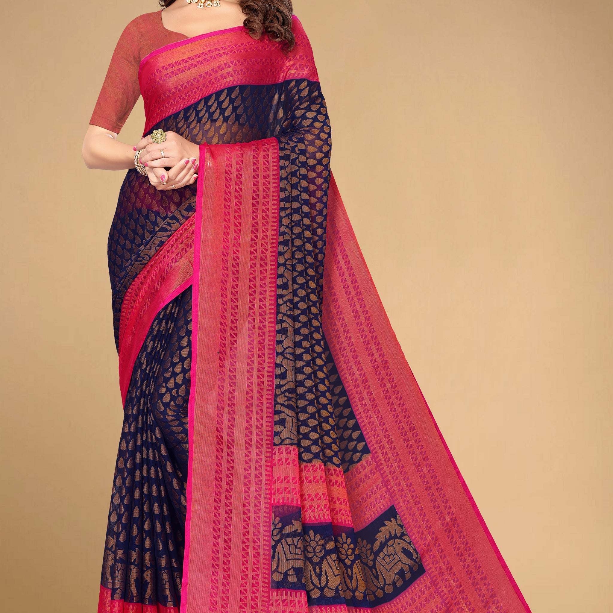 Chiffon Brasso Navy Blue Printed Saree with Blouse | Ivaara.