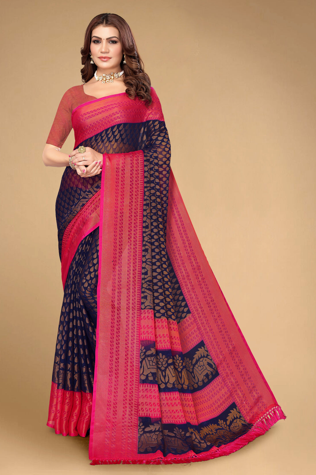Chiffon Brasso Navy Blue Printed Saree with Blouse | Ivaara.