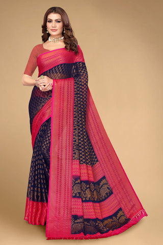 Chiffon Brasso Navy Blue Printed Saree with Blouse | Ivaara