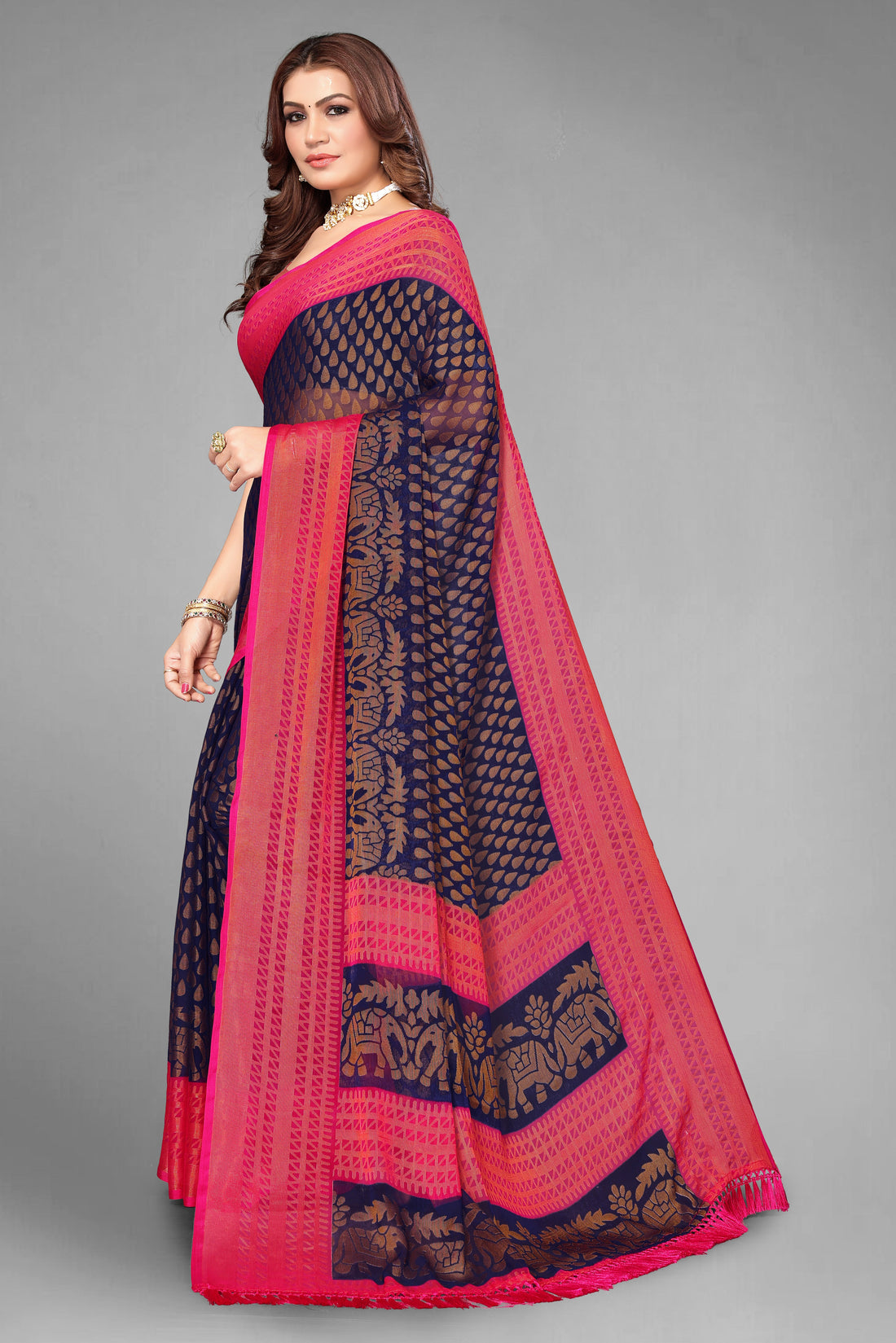 Chiffon Brasso Navy Blue Printed Saree with Blouse | Ivaara.