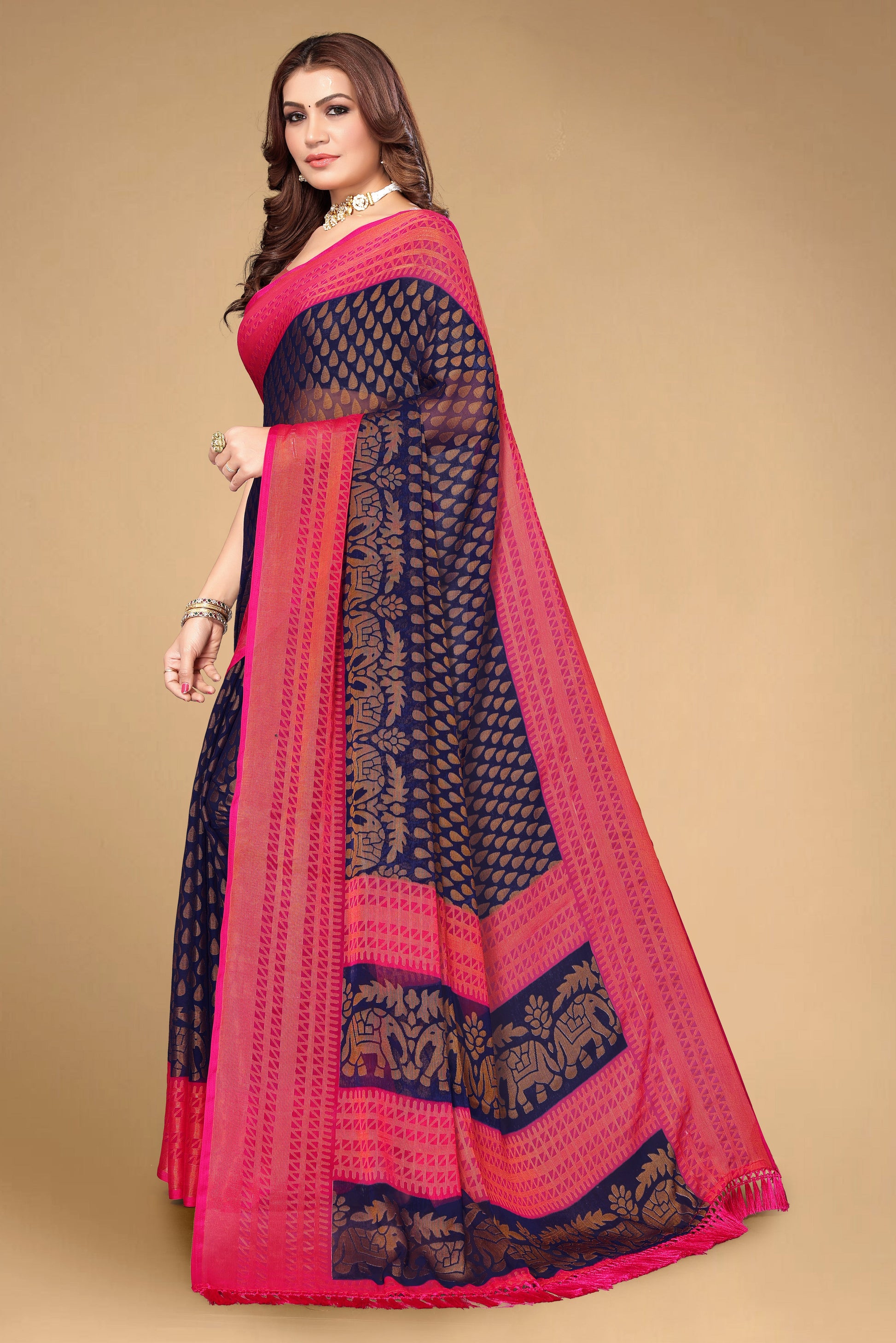 Chiffon Brasso Navy Blue Printed Saree with Blouse | Ivaara.