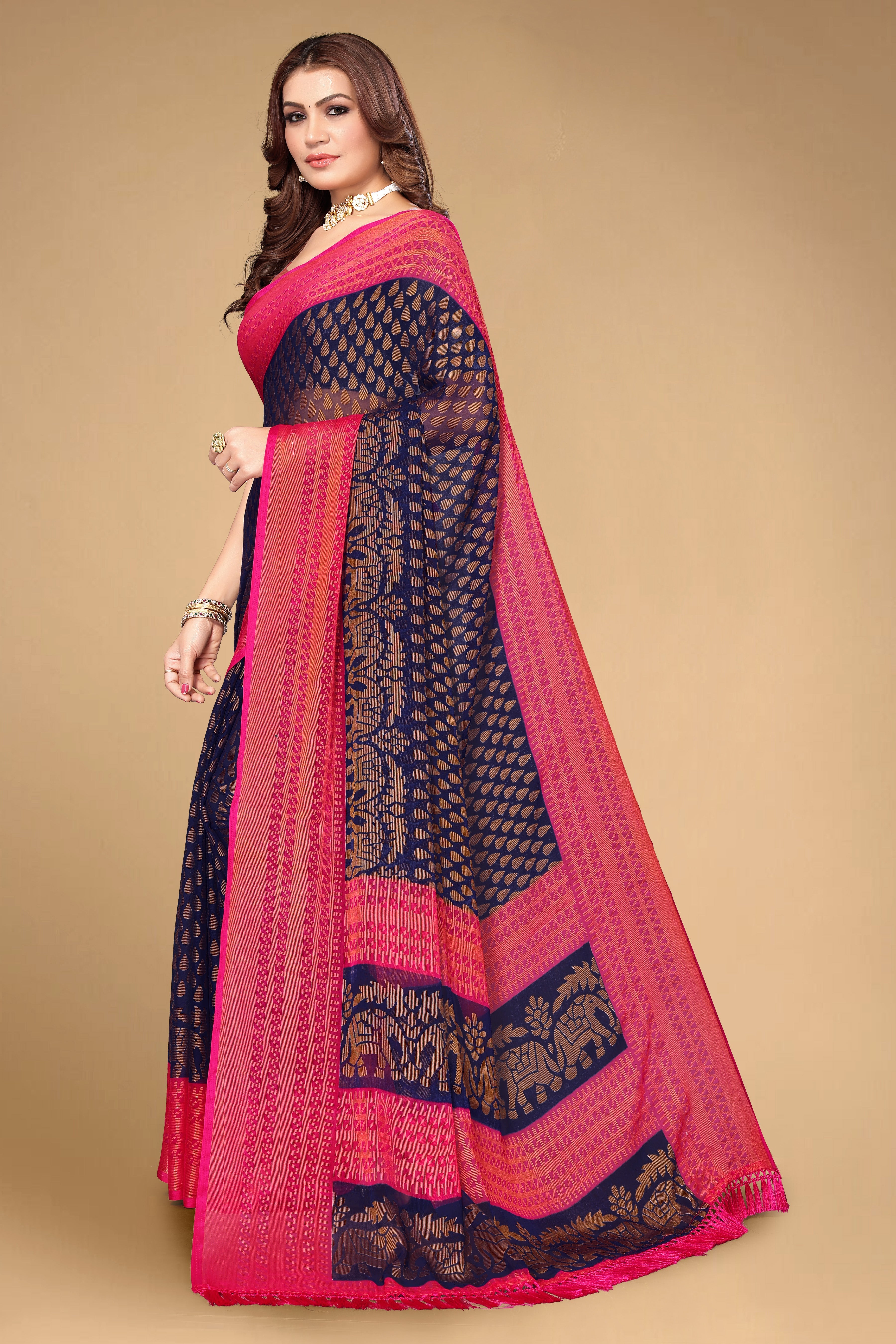 Chiffon Brasso Navy Blue Printed Saree with Blouse | Ivaara.
