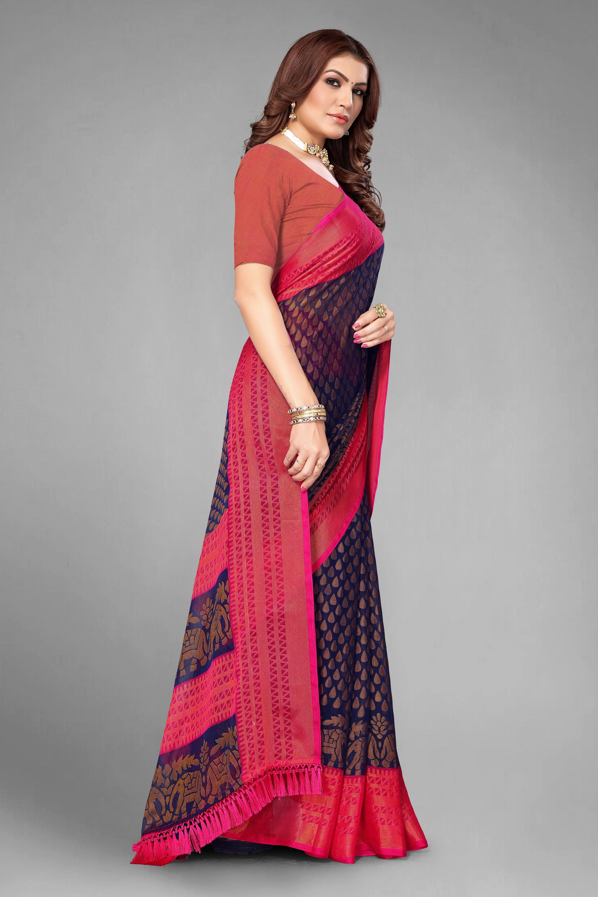 Chiffon Brasso Navy Blue Printed Saree with Blouse | Ivaara.